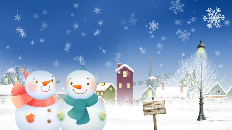 Two Snowmen in Winter — Blue, Peaceful, Digital Art