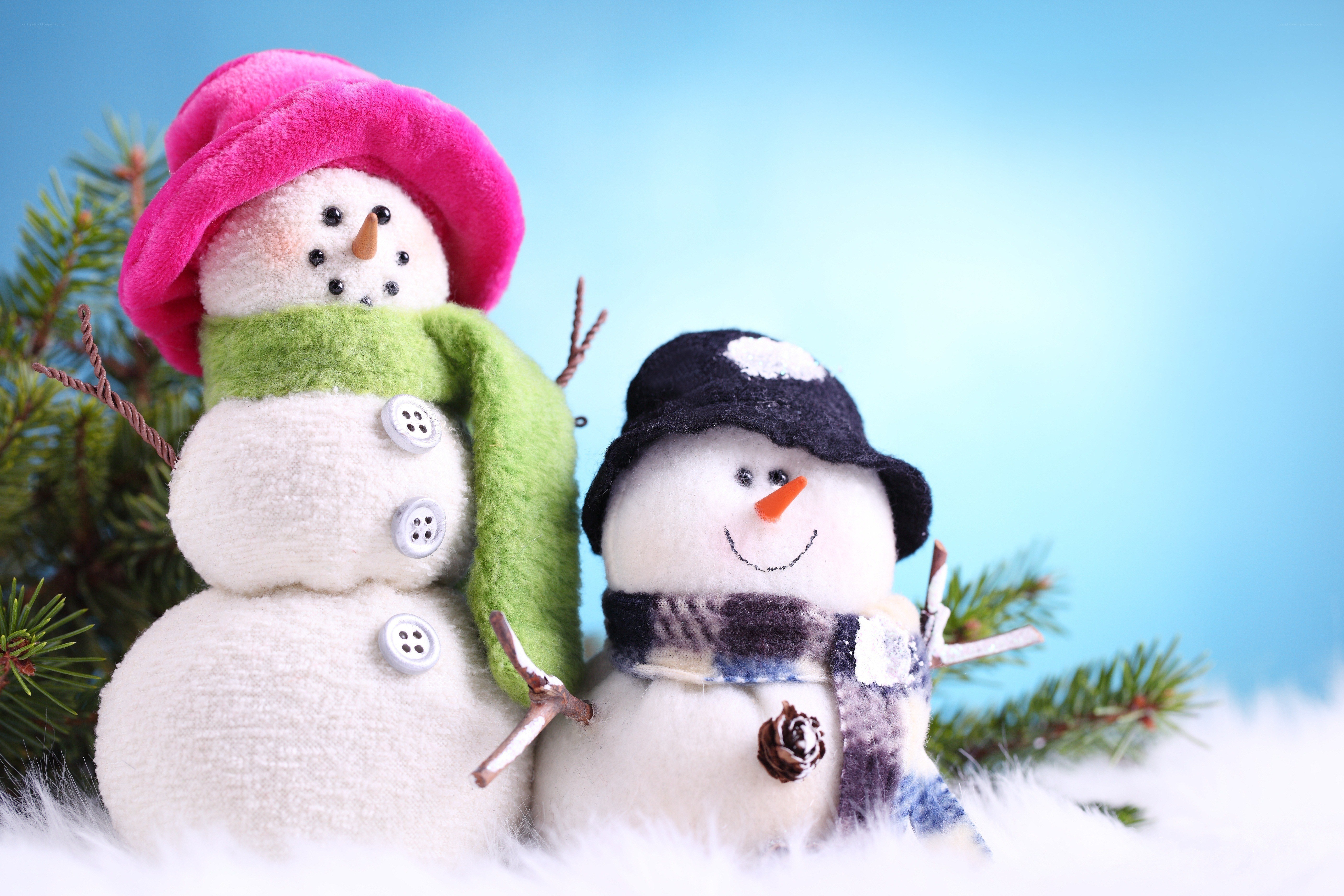 Two snowmen in winter hats