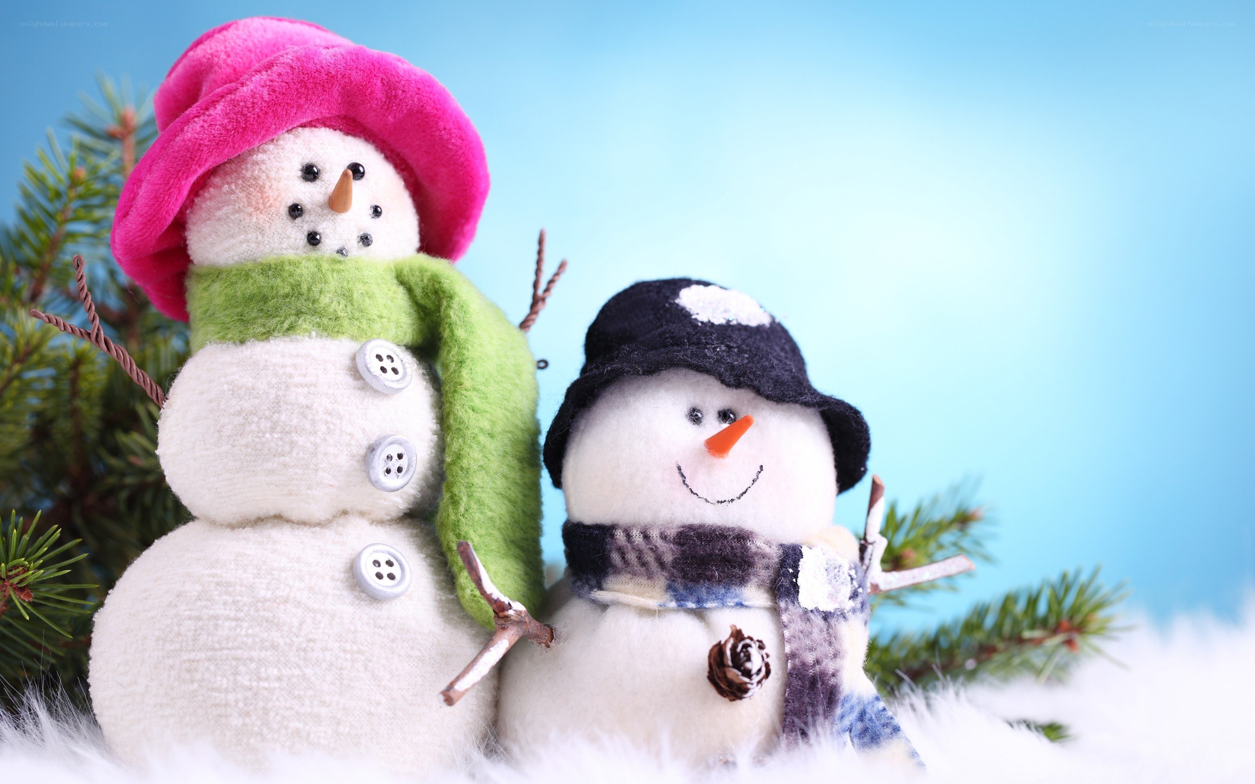 Two snowmen in winter hats
