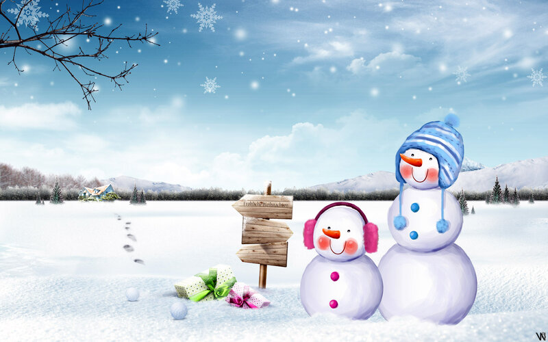 Two Snowmen in Winter — White, Festive, Digital Art, Snowflakes