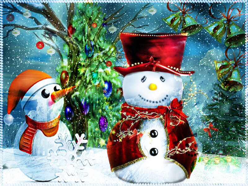 Two Snowmen in Winter — White, Festive, Digital Art