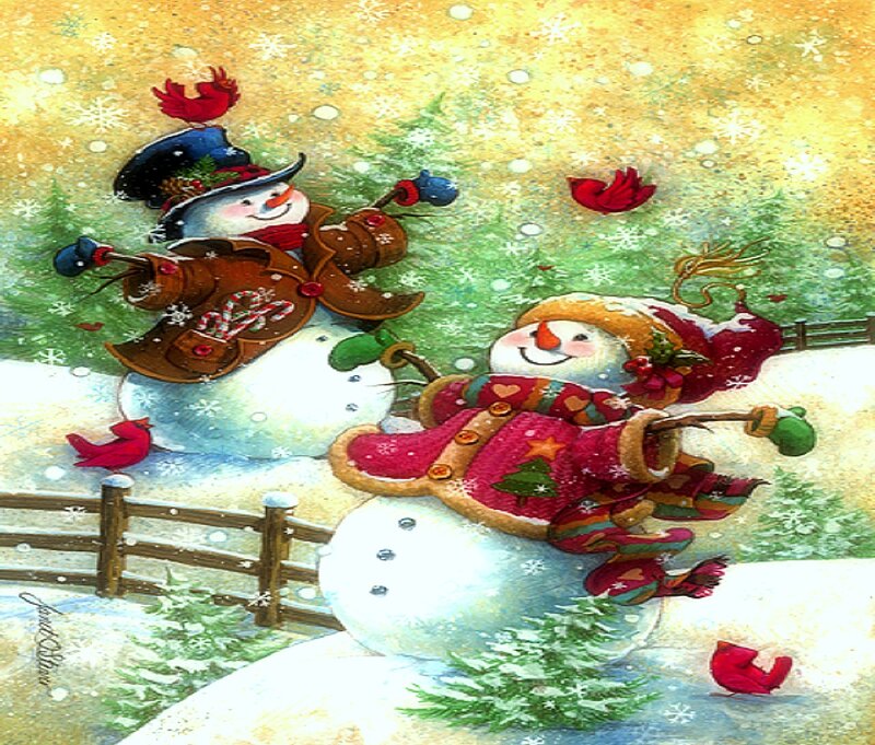 Two Snowmen in Winter — White, Festive, Illustration, Red Birds