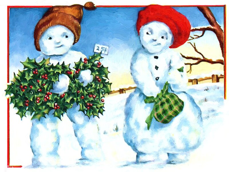 Two Snowmen in Winter — White, Festive, Painting