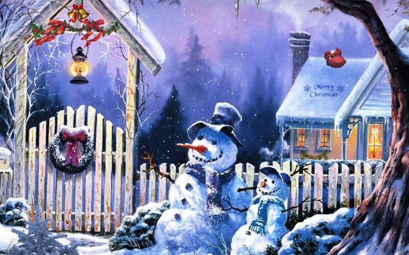 Two Snowmen in Yard — Blue