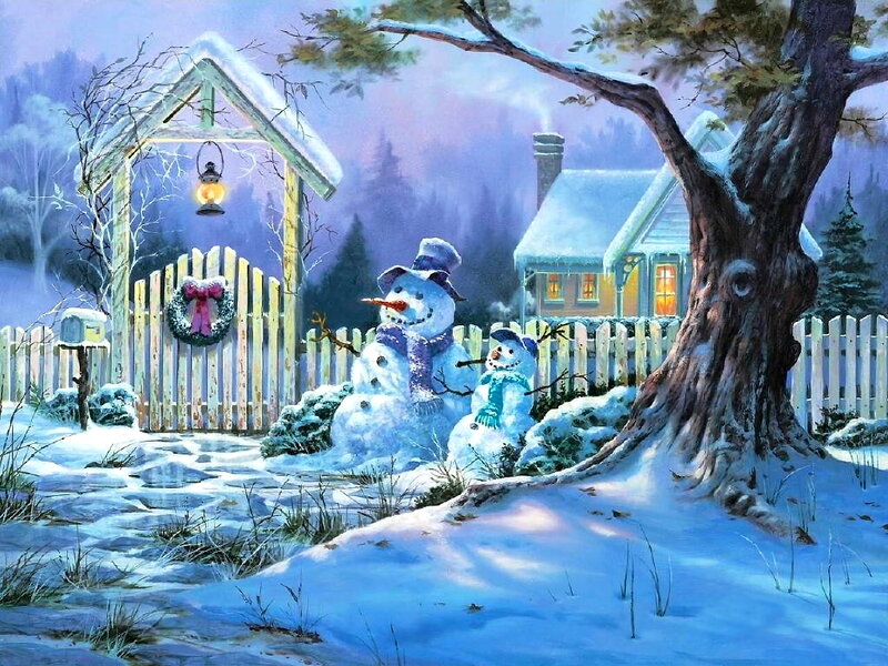Two Snowmen in Yard