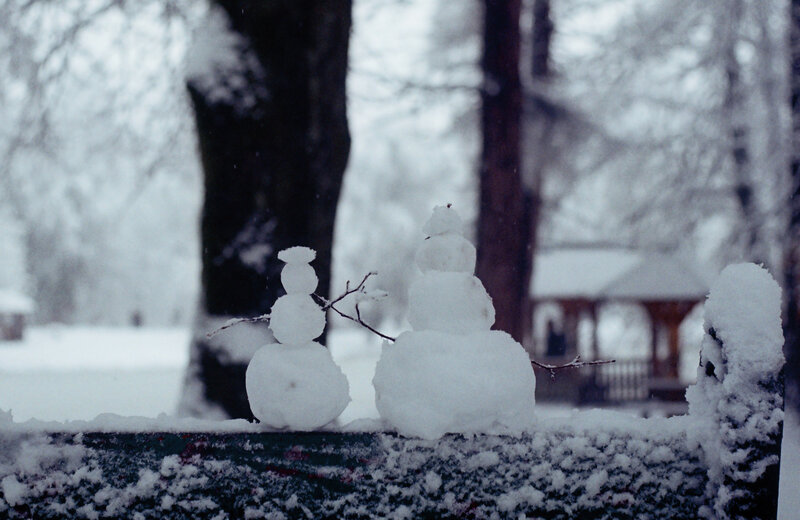 Two Snowmen on Bench