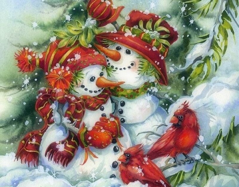 Two Snowmen with Cardinals