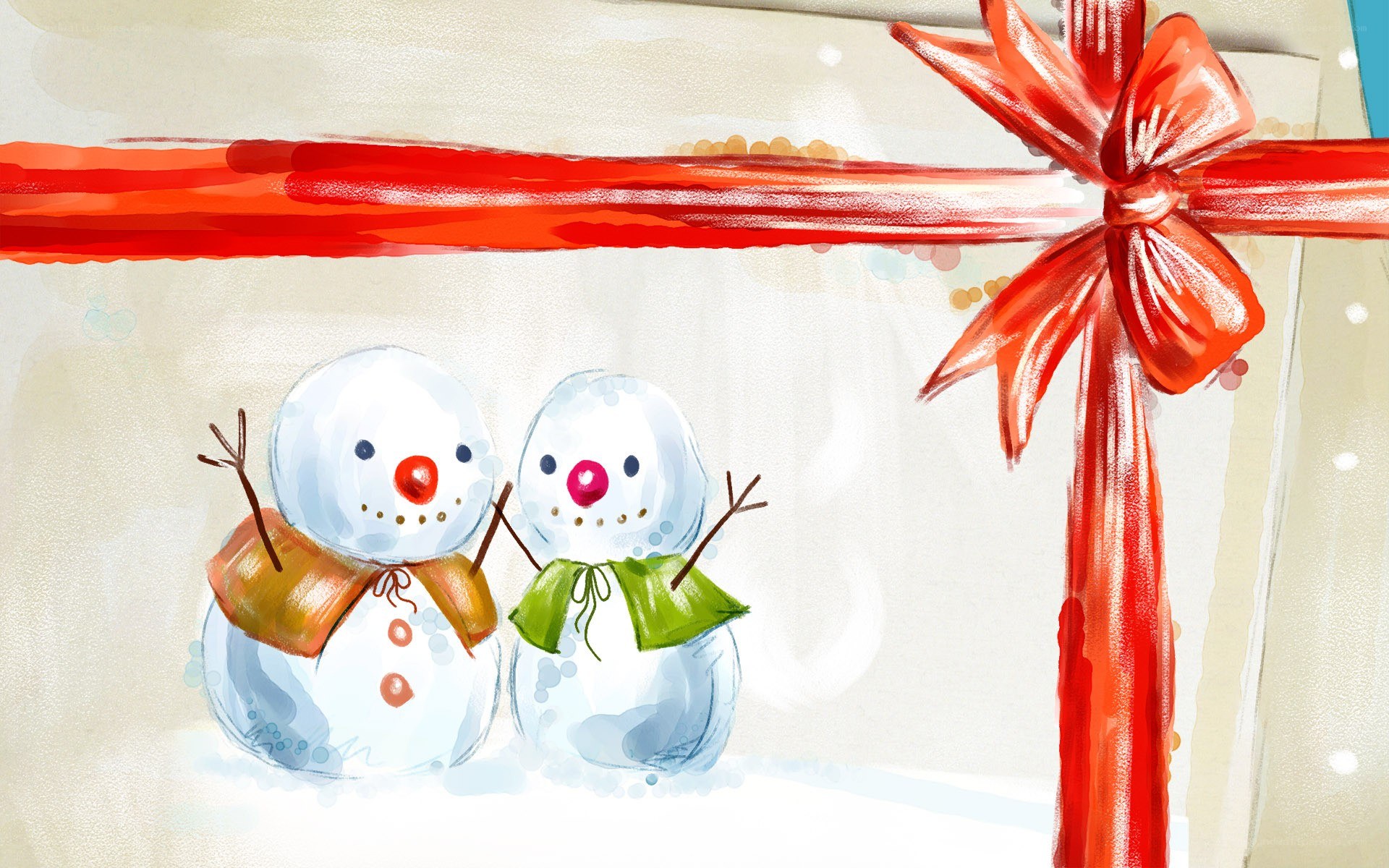 Two snowmen with red bow