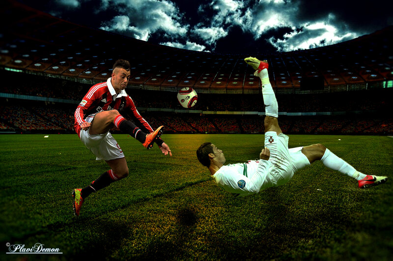 Two Soccer Players on Field — Green, Dramatic