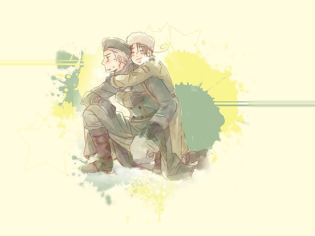 Two soldiers hugging in snow