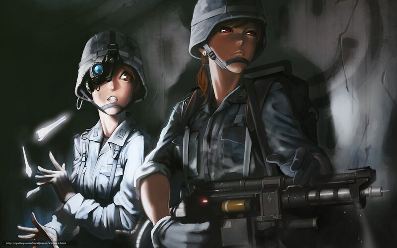 Two Soldiers in Combat Gear — Gray, Dramatic, Night