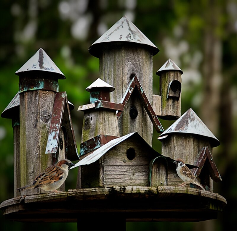 Two Sparrows on Birdhouse