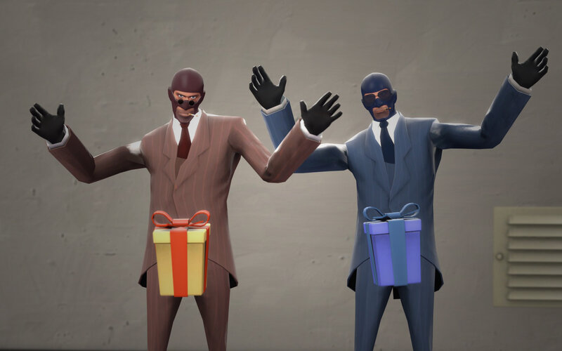 Two spies with gift boxes