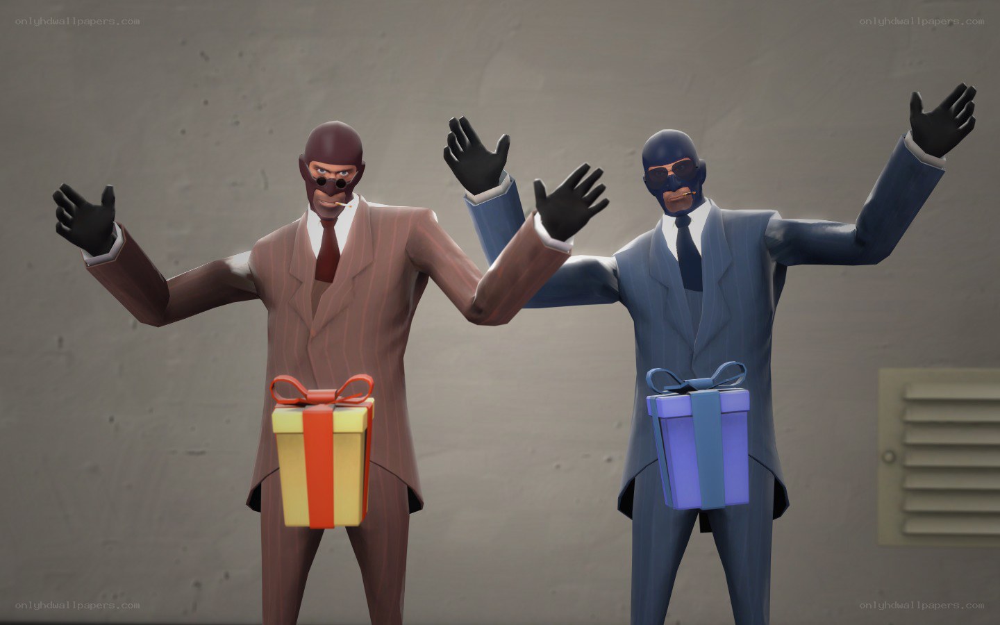 Two spies with gift boxes
