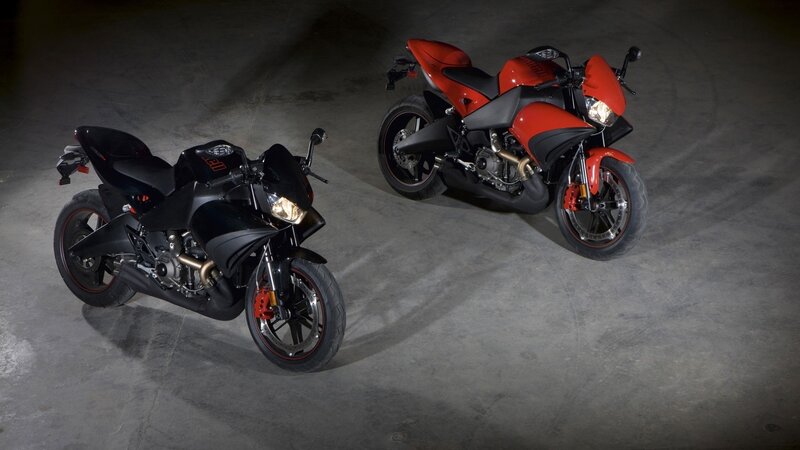 Two sport motorcycles on display