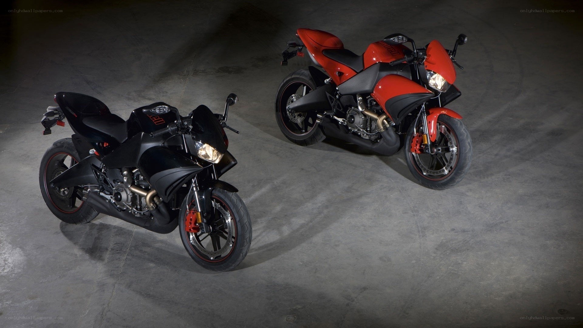 Two sport motorcycles on display