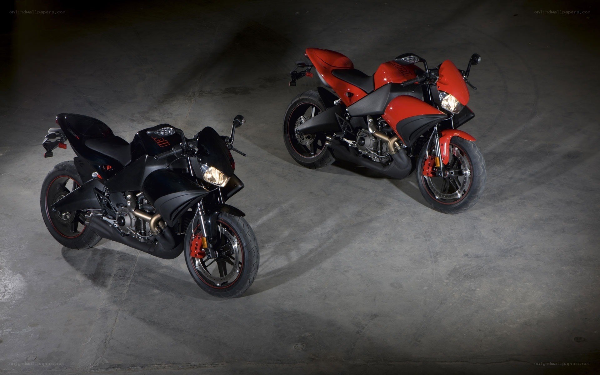 Two sport motorcycles on display