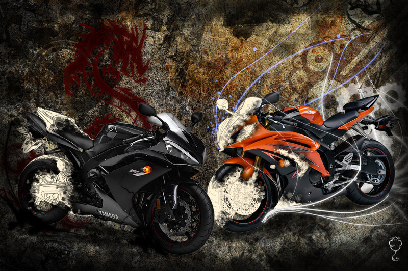 Two sport motorcycles on textured background