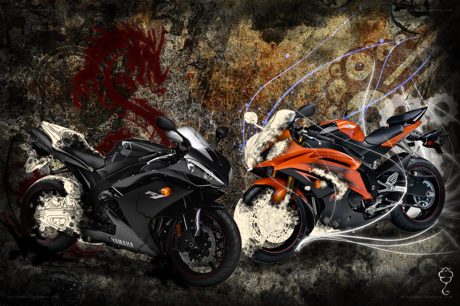 Two sport motorcycles on textured background