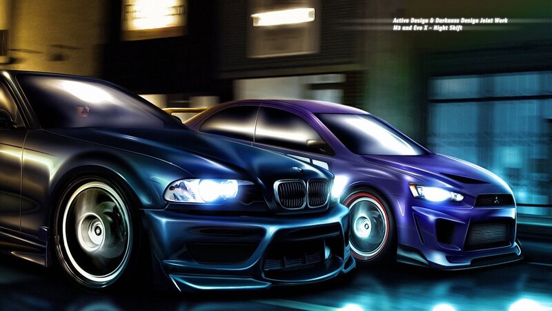 Two Sports Cars at Night — Blue, Dramatic, Digital Art
