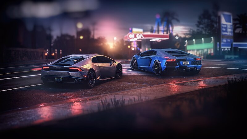 Two Sports Cars at Night — Blue, Dramatic