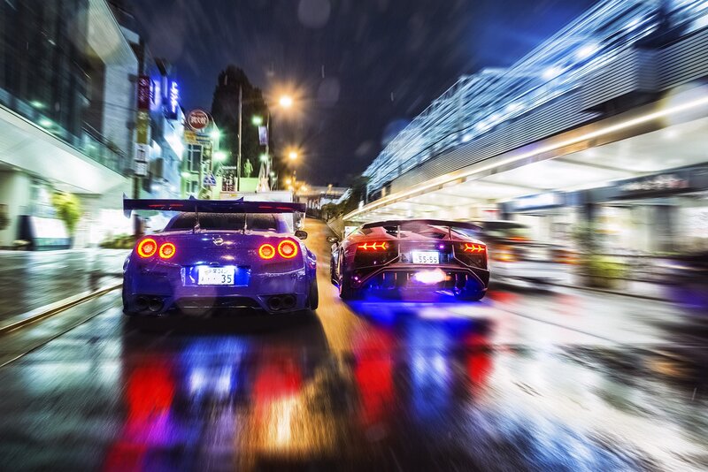 Two Sports Cars at Night — Blue, Dynamic