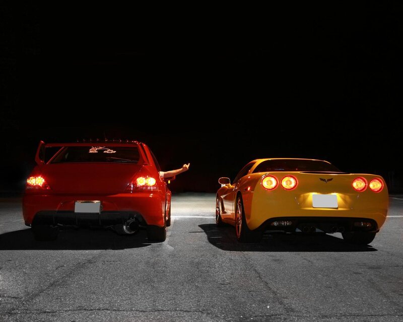 Two Sports Cars at Night — Red, Dramatic, Photograph