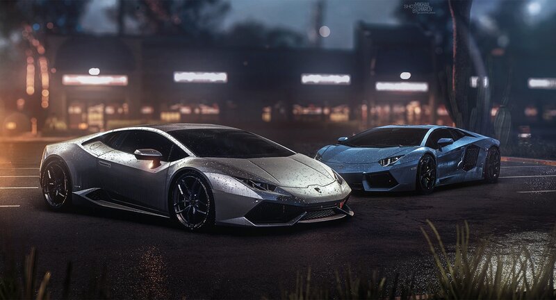 Two Sports Cars at Night — Silver