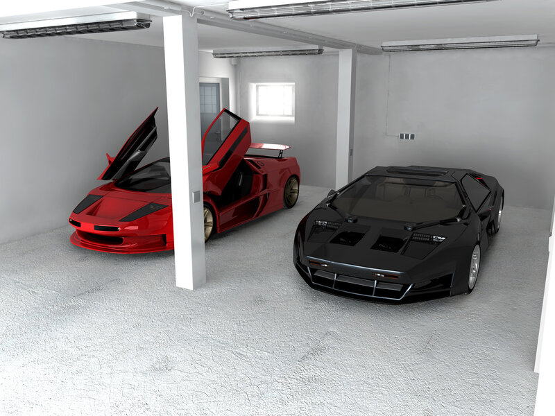 Two Sports Cars in Garage — Red, Neutral