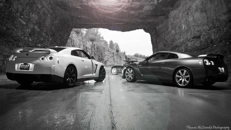 Two Sports Cars in Tunnel — Black, Dramatic