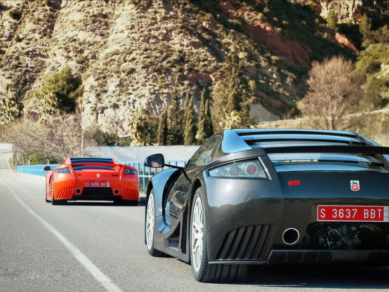 Two Sports Cars on Road — Black, Dynamic, Afternoon