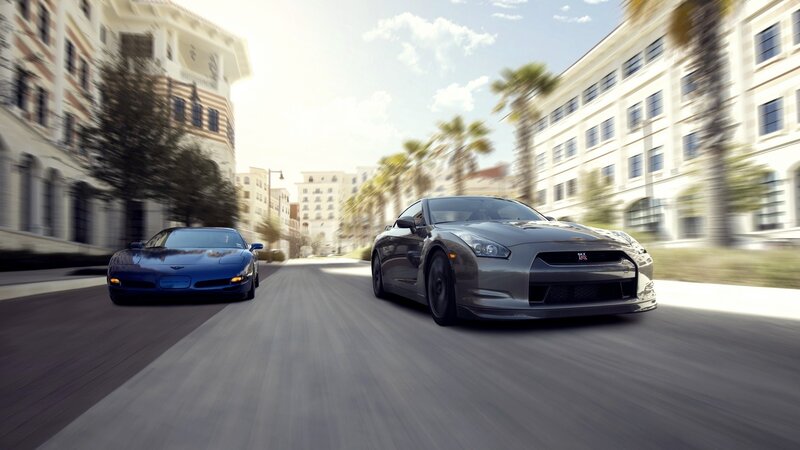Two Sports Cars on Street — Gray
