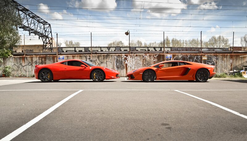Two Sports Cars — Red, Dramatic, Afternoon, Photograph, Graffiti Wall