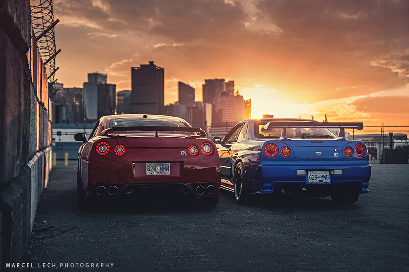 Two Sports Cars — Red, Dramatic, Sunset, Photograph