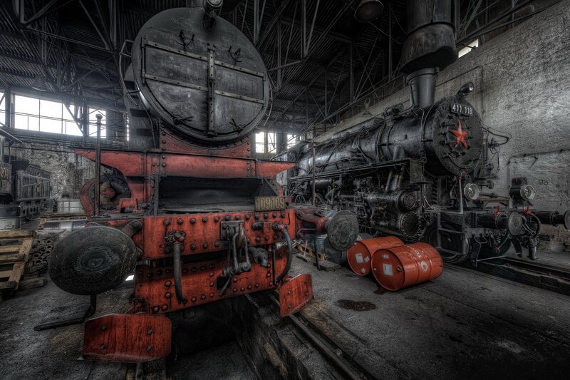 Two Steam Locomotives — Black, Dramatic, Photograph