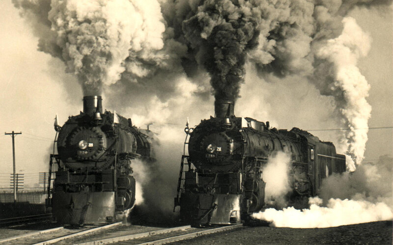 Two Steam Locomotives — Black, Dramatic