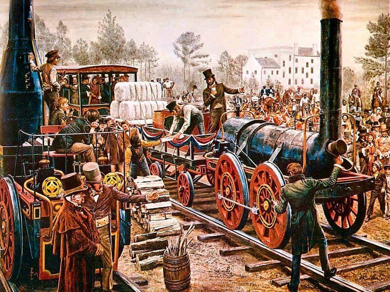 Two Steam Locomotives — Blue