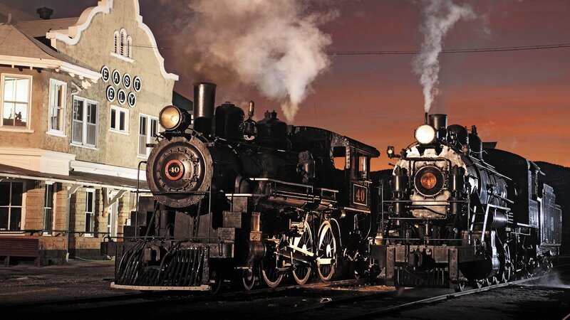 Two Steam Trains at Station — Black