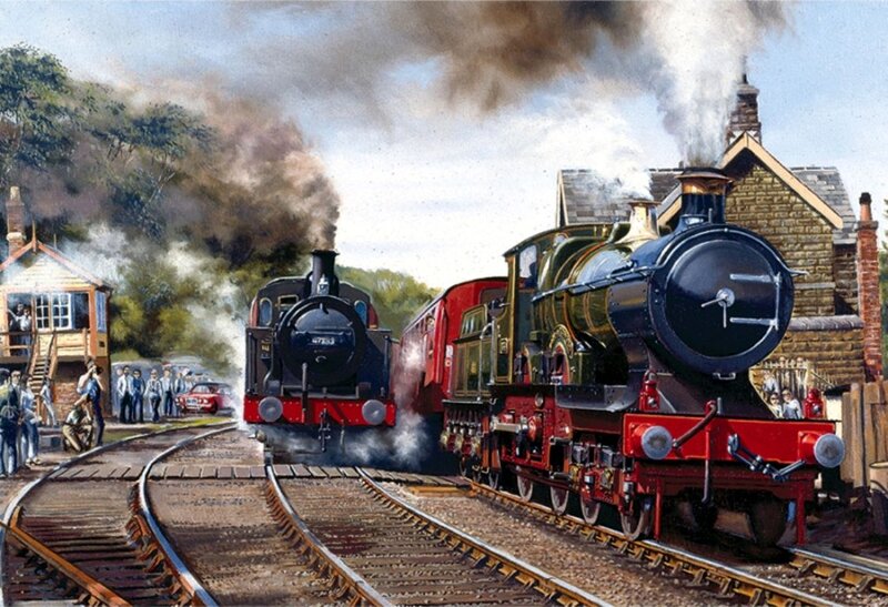 Two Steam Trains at Station — Red
