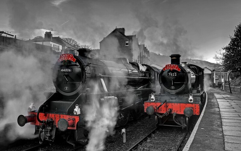 Two Steam Trains — Black, Dramatic