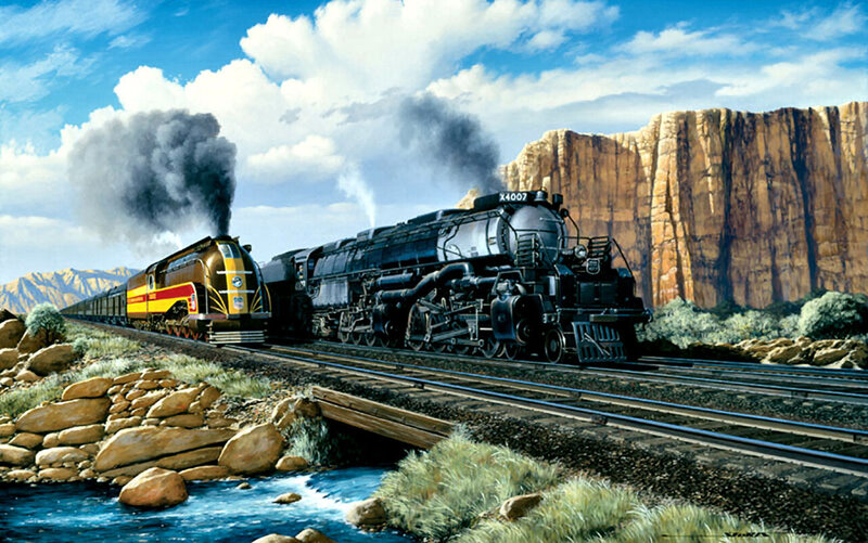 Two Steam Trains — Blue