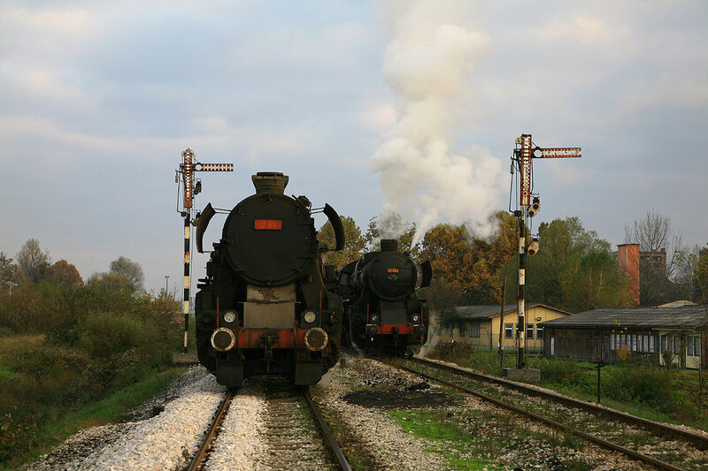 Two Steam Trains on Tracks — Gray