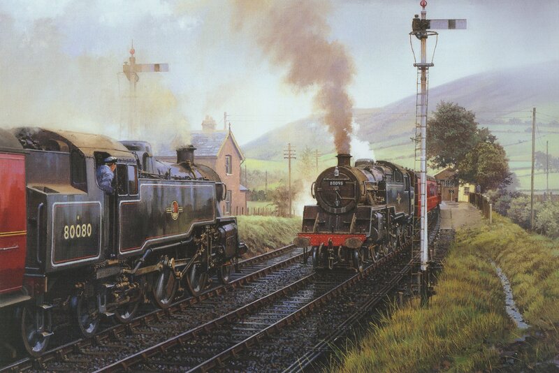 Two Steam Trains on Tracks — Green
