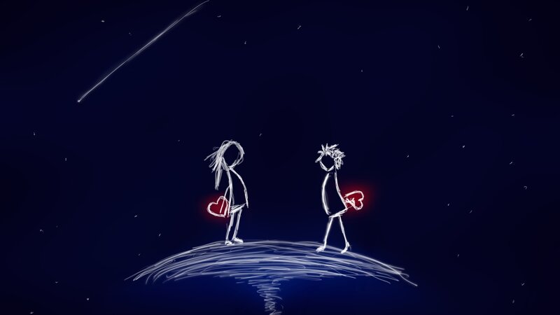 Two Stick Figures Holding Hearts — Blue, Romantic, Night, Digital Art