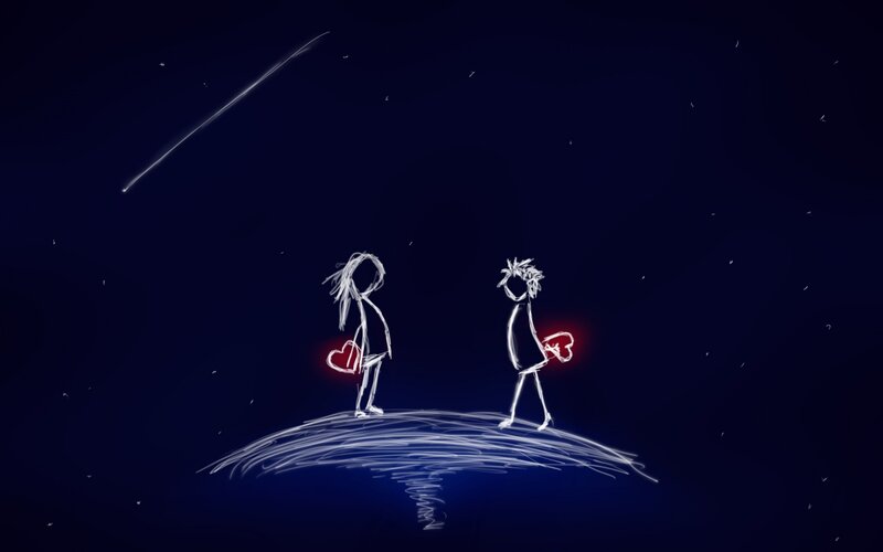 Two Stick Figures Holding Hearts — Blue, Romantic, Night