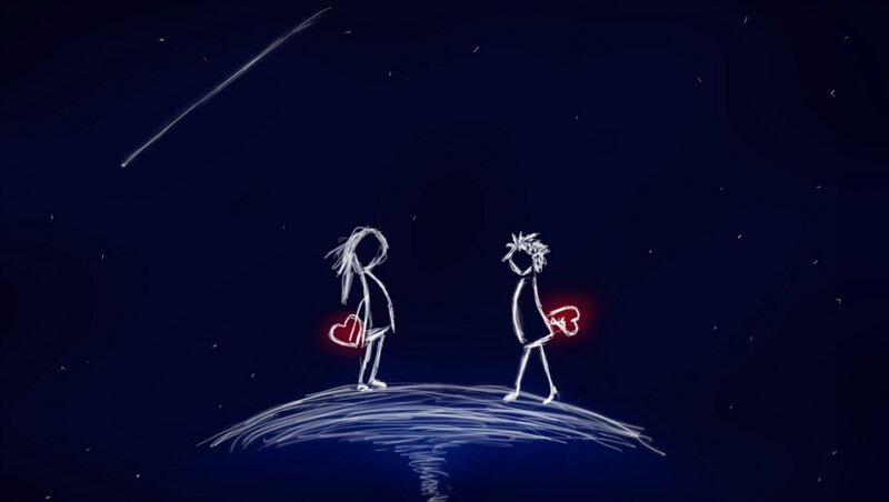 Two Stick Figures Holding Hearts — Blue, Romantic