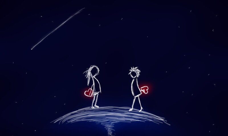 Two Stick Figures Holding Hearts — Blue