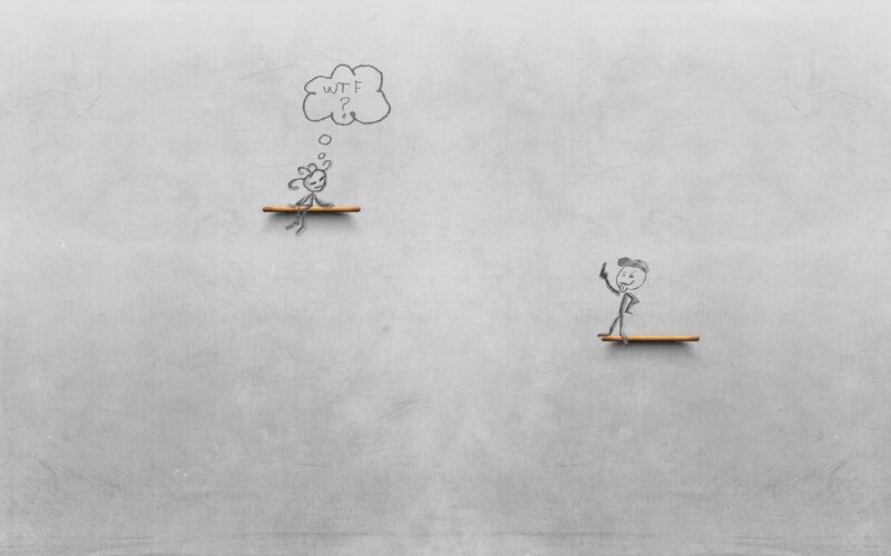 Two stick figures on shelves