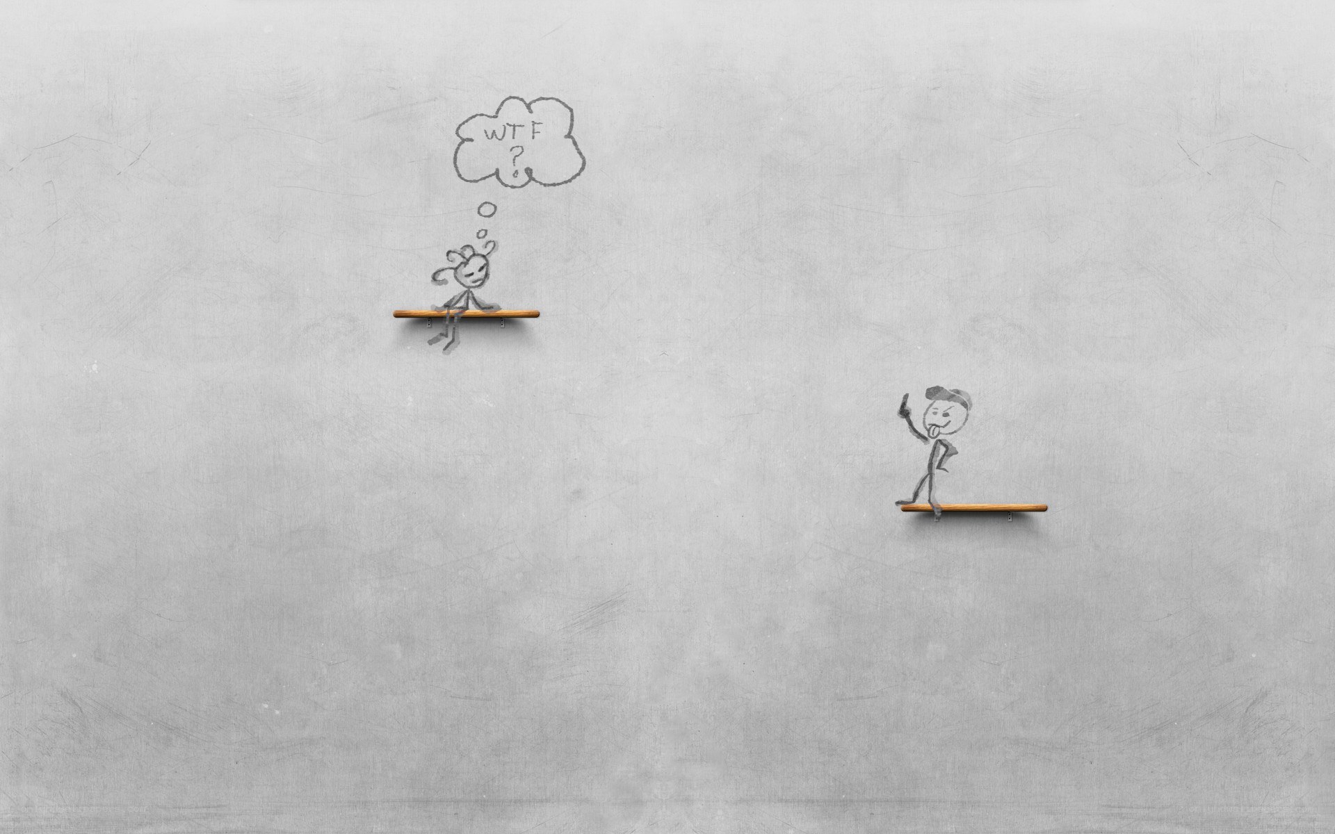 Two stick figures on shelves