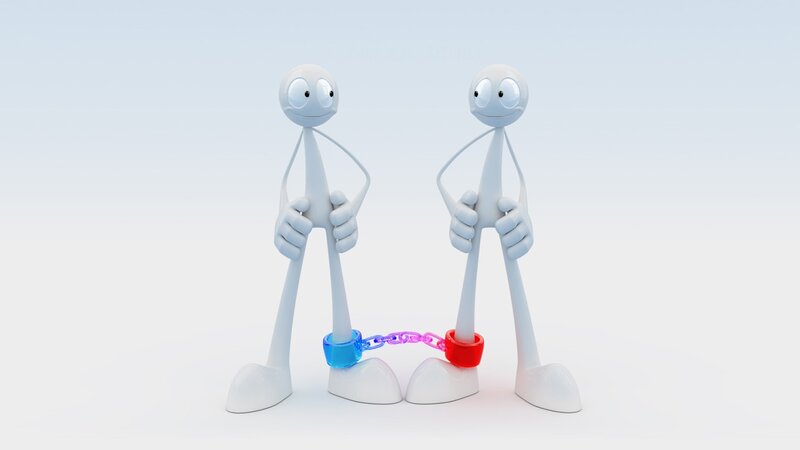 Two stick figures with chains